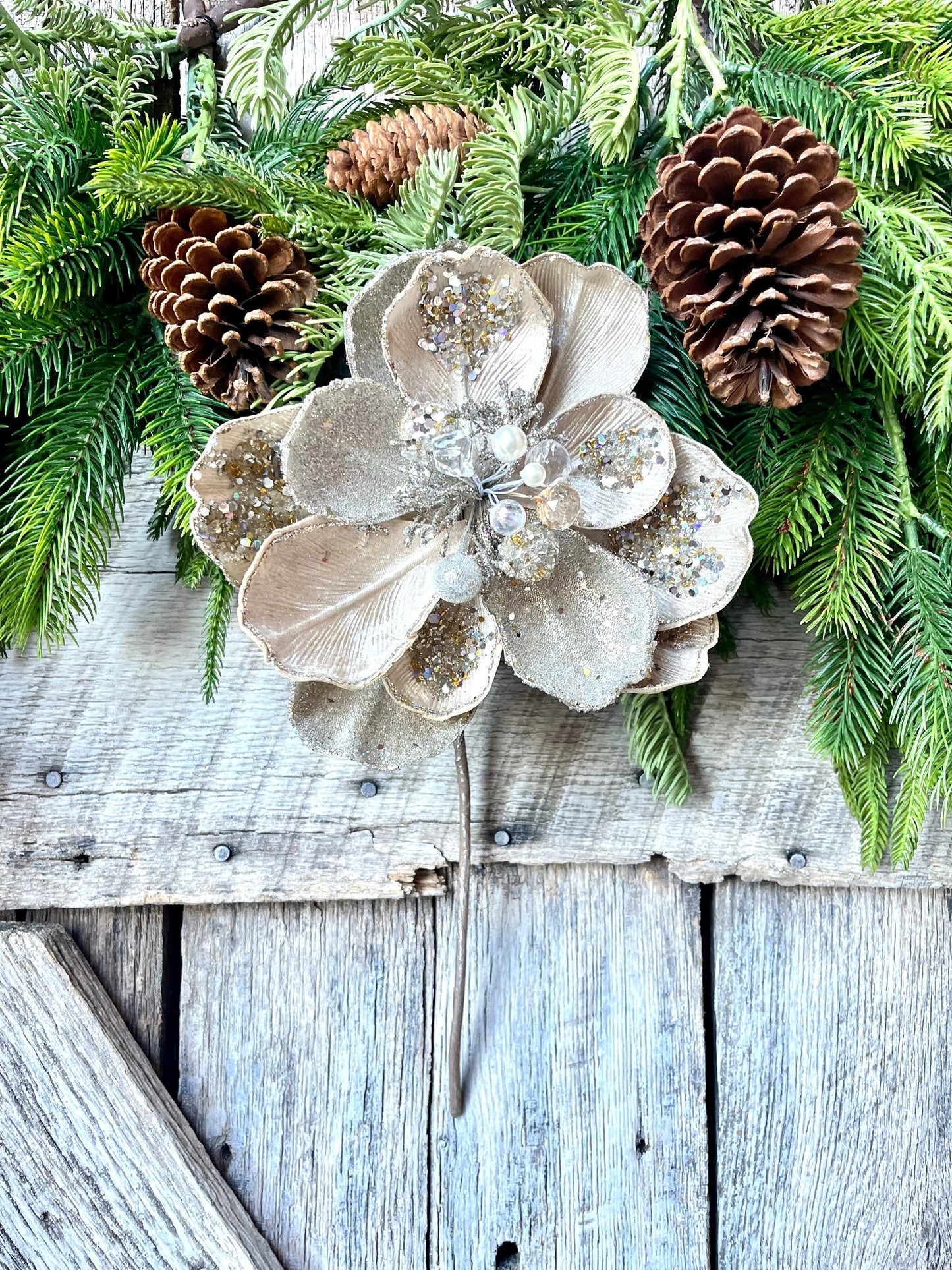 8" Champagne Gold Magnolia Leaf Pick, jeweled Christmas Spray