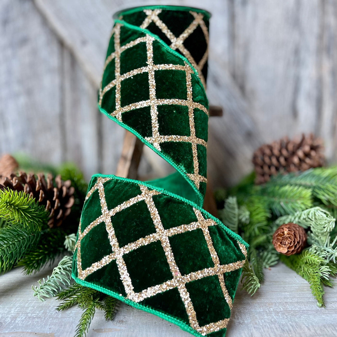 4" Emerald Green Velvet Ribbon, Green & Gold Velvet Ribbon