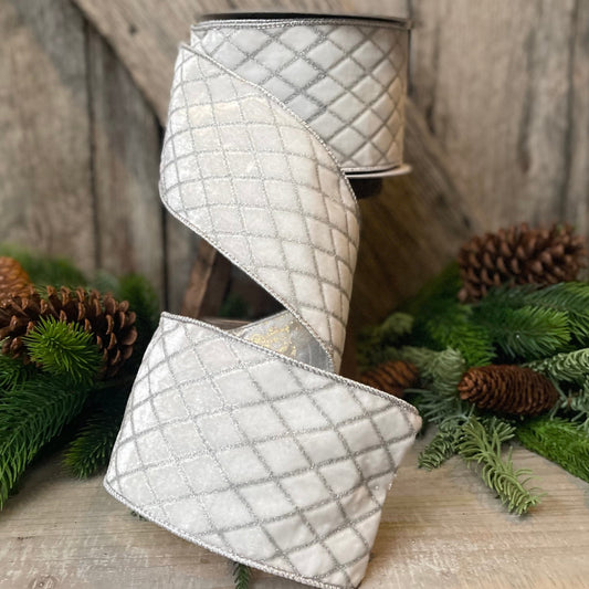 4" White Velvet Metallic Diamonds Ribbon, Farrisilk Ribbon