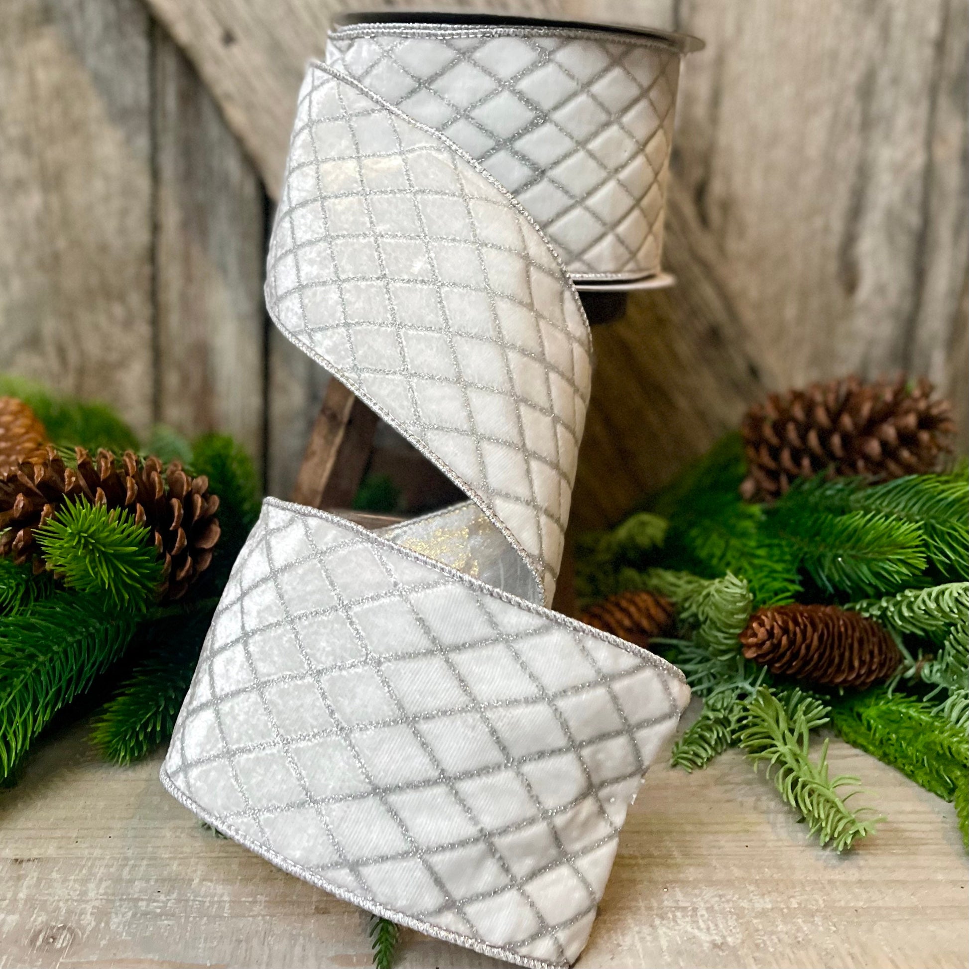 4" White Velvet Metallic Diamonds Ribbon, Farrisilk Ribbon