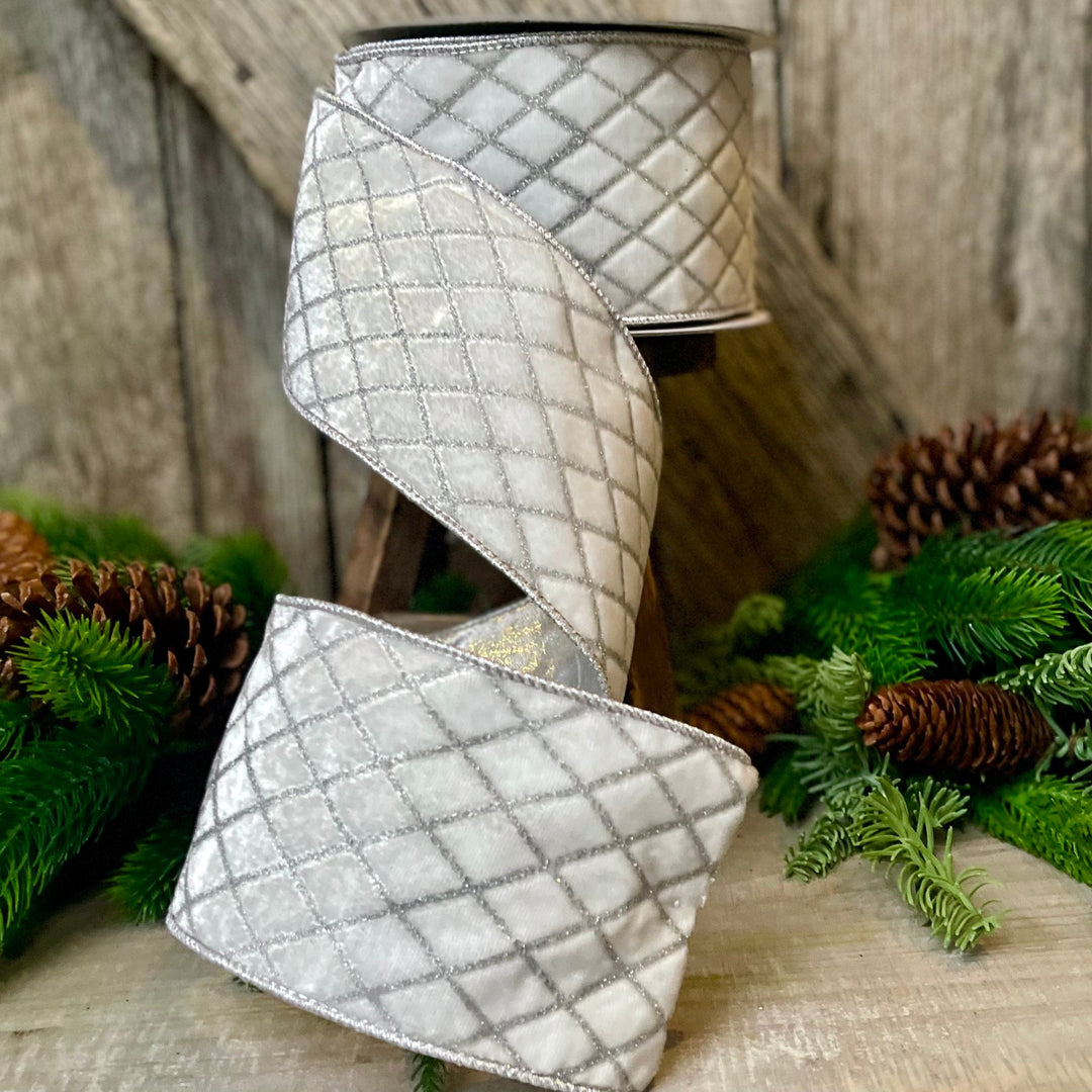 4" White Velvet Metallic Diamonds Ribbon, Farrisilk Ribbon, White Velvet
