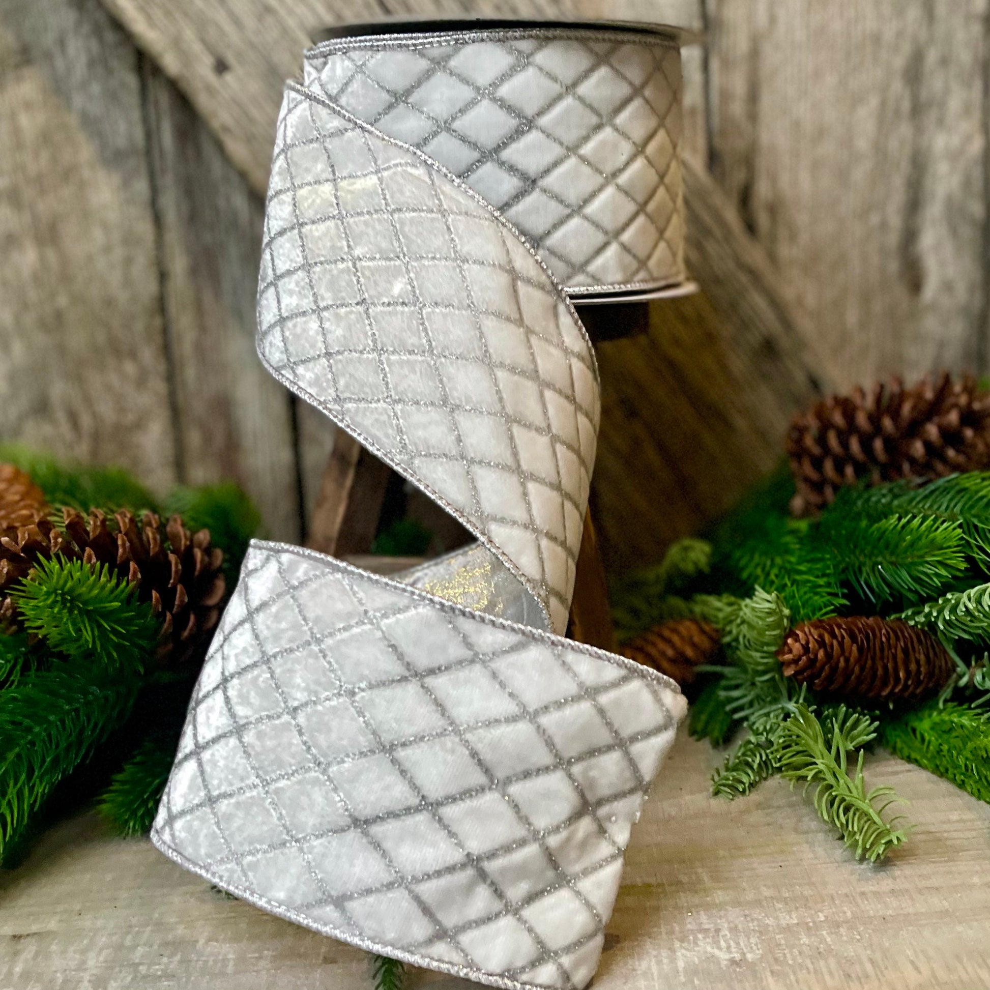 4" White Velvet Metallic Diamonds Ribbon, Farrisilk Ribbon