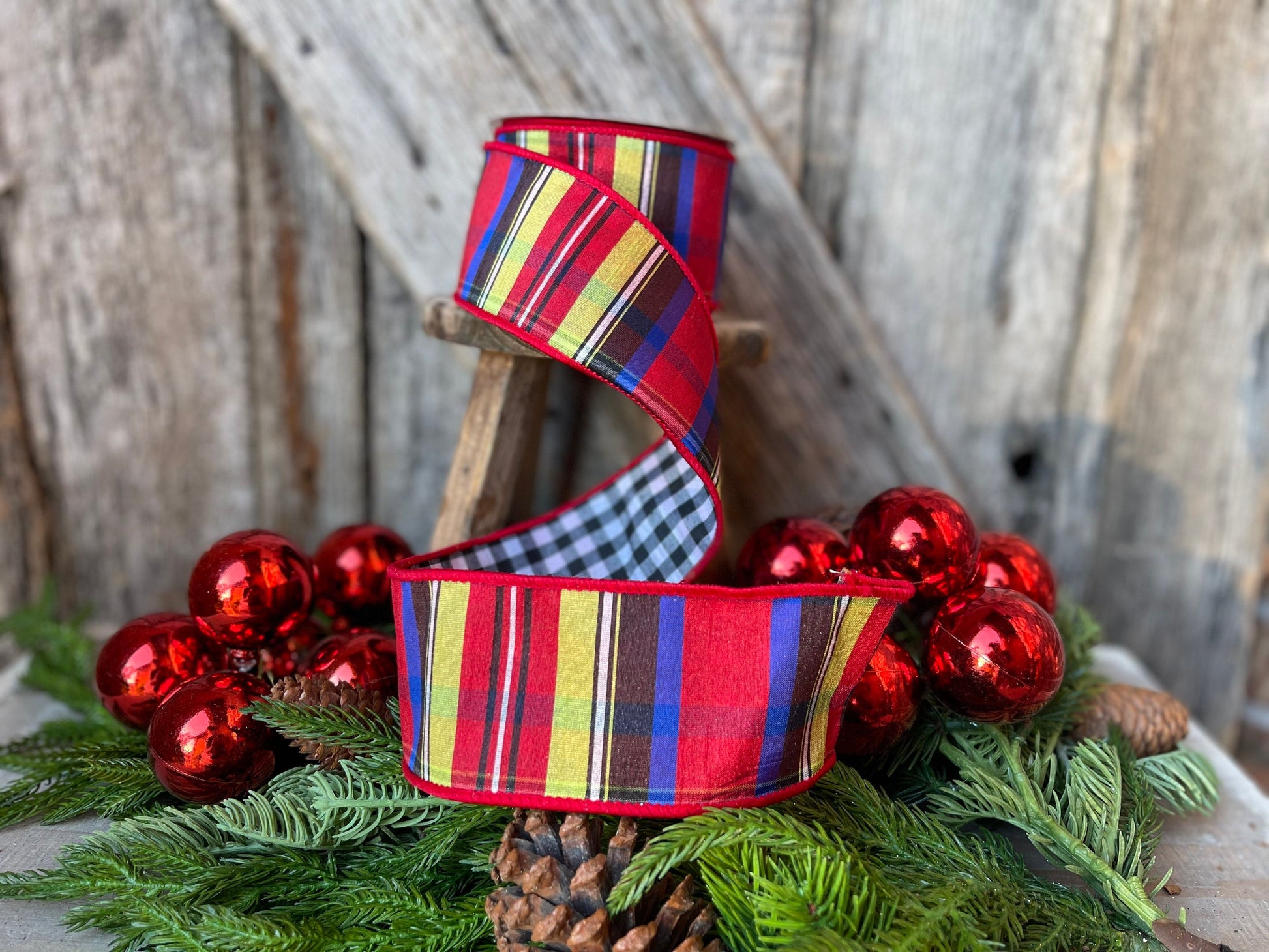 2.5" Nutcracker plaid ribbon, Christmas ribbon, Christmas plaid ribbon