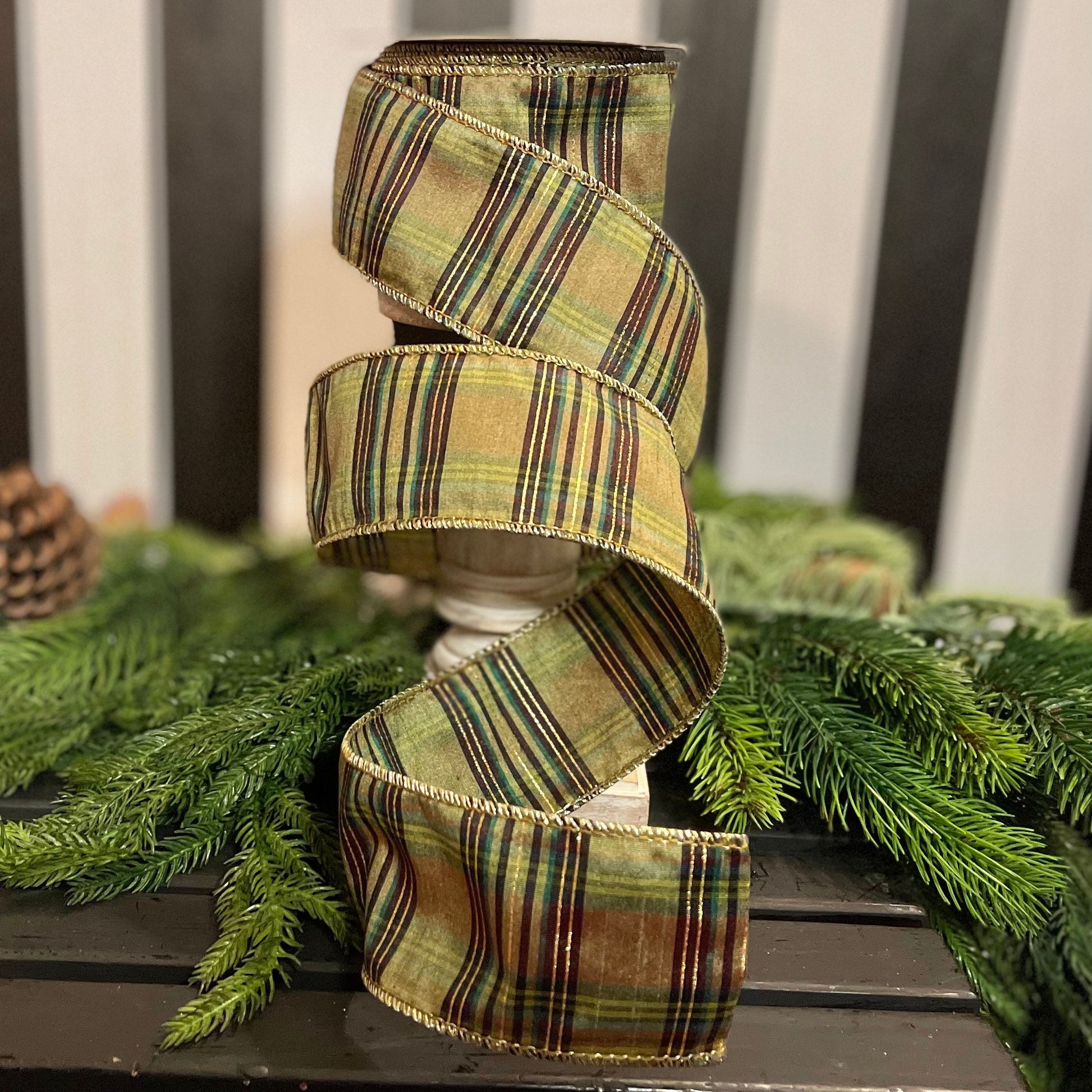 2.5" Green Moss Christmas Plaid, Woodsy Christmas Ribbon, Christmas Plaid Ribbon
