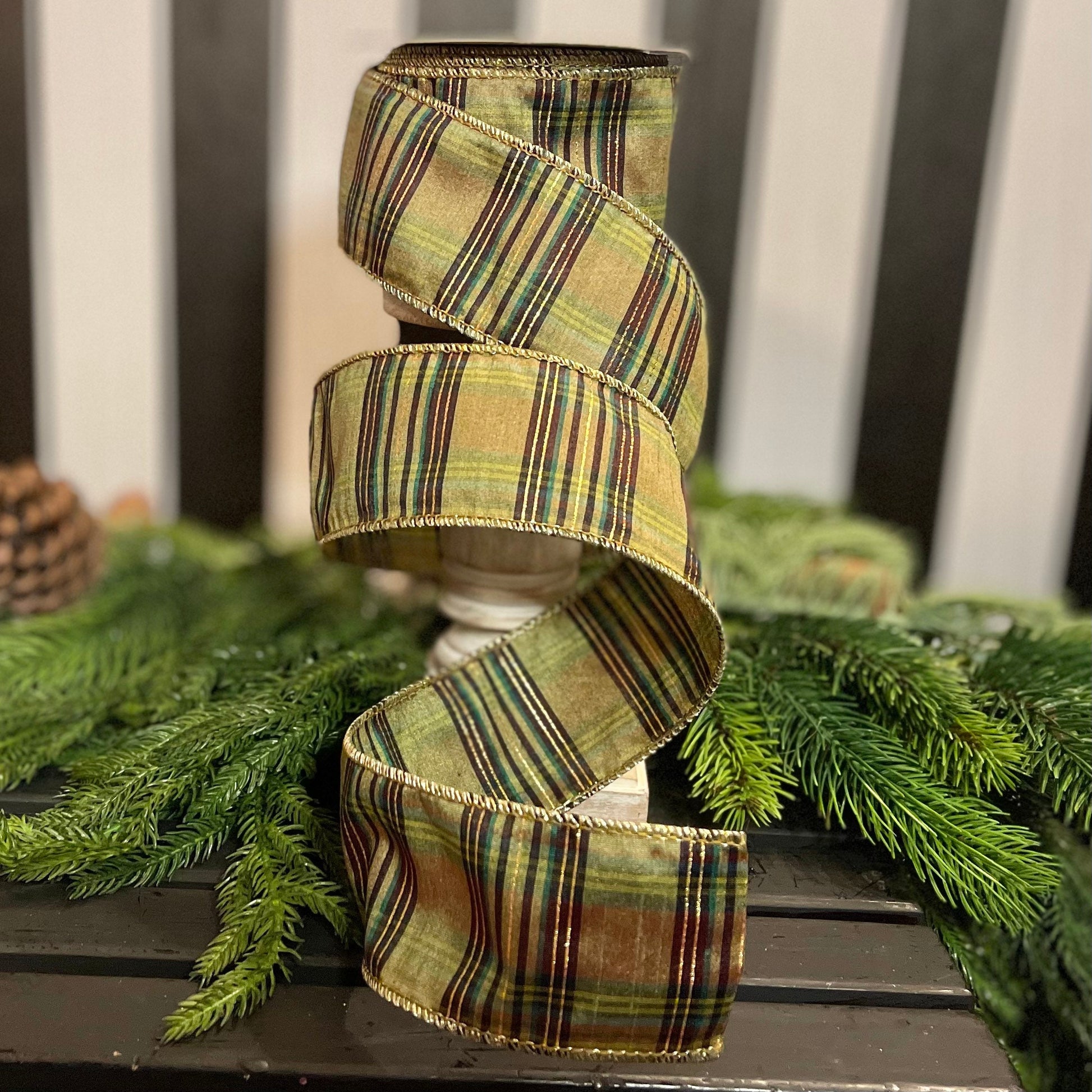 2.5" Green Moss Christmas Plaid, Woodsy Christmas Ribbon, Christmas Plaid Ribbon
