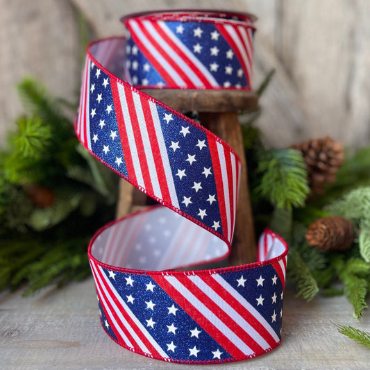2.5&quot; Stars and Stripes Patriotic Ribbon by Farrisilk, Patriotic Wired Ribbon, American Ribbon, 4th of July ribbon, Americana Decor