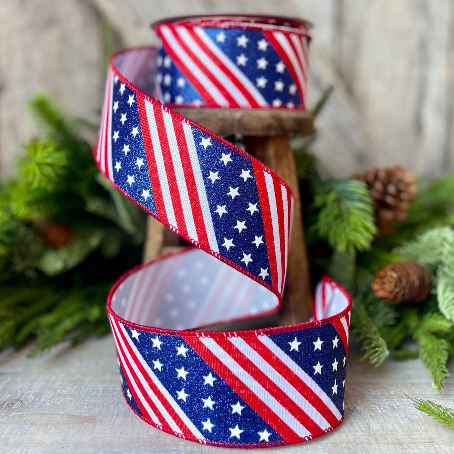 2.5&quot; Stars and Stripes Patriotic Ribbon by Farrisilk, Patriotic Wired Ribbon, American Ribbon, 4th of July ribbon, Americana Decor