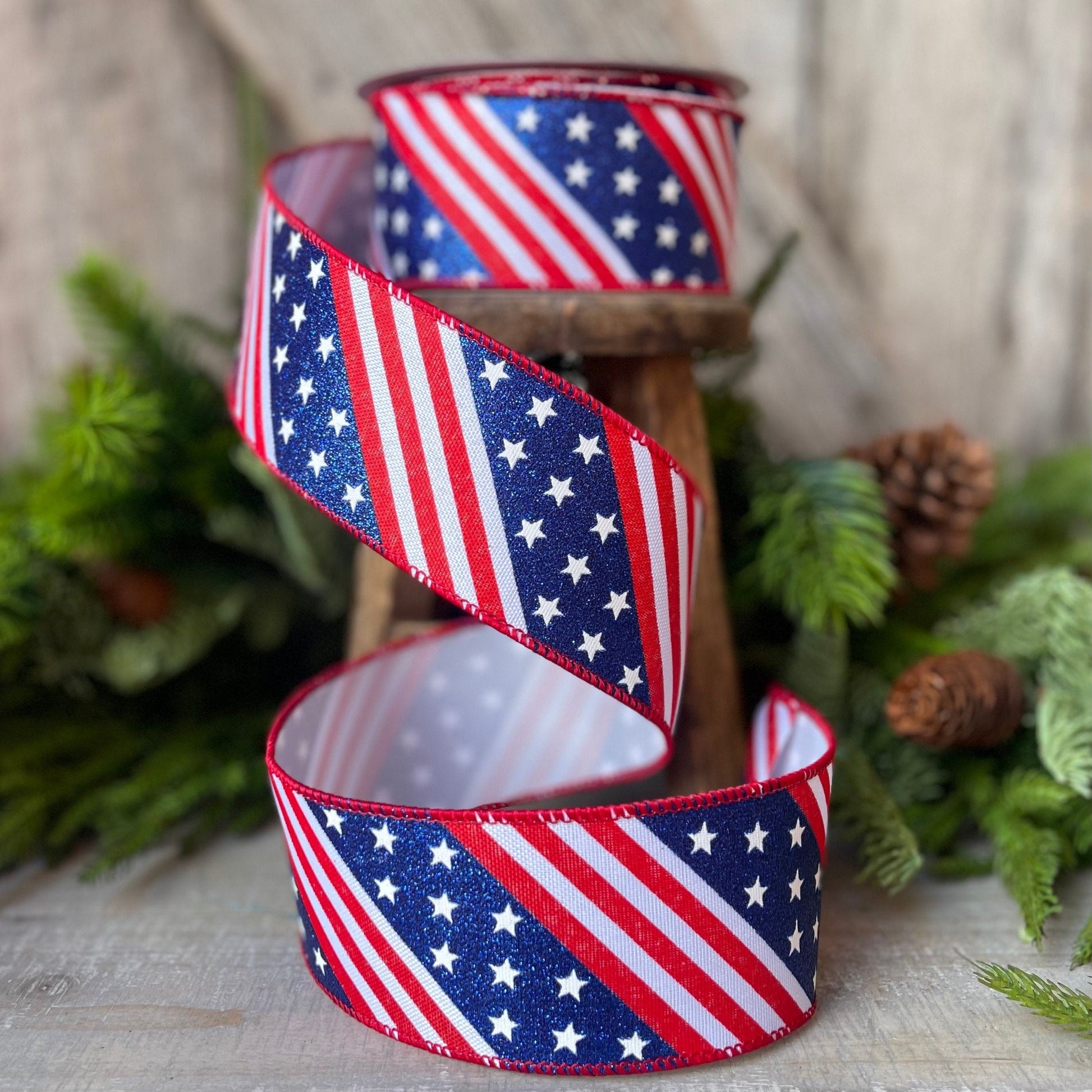 2.5&quot; Stars and Stripes Patriotic Ribbon by Farrisilk, Patriotic Wired Ribbon, American Ribbon, 4th of July ribbon, Americana Decor