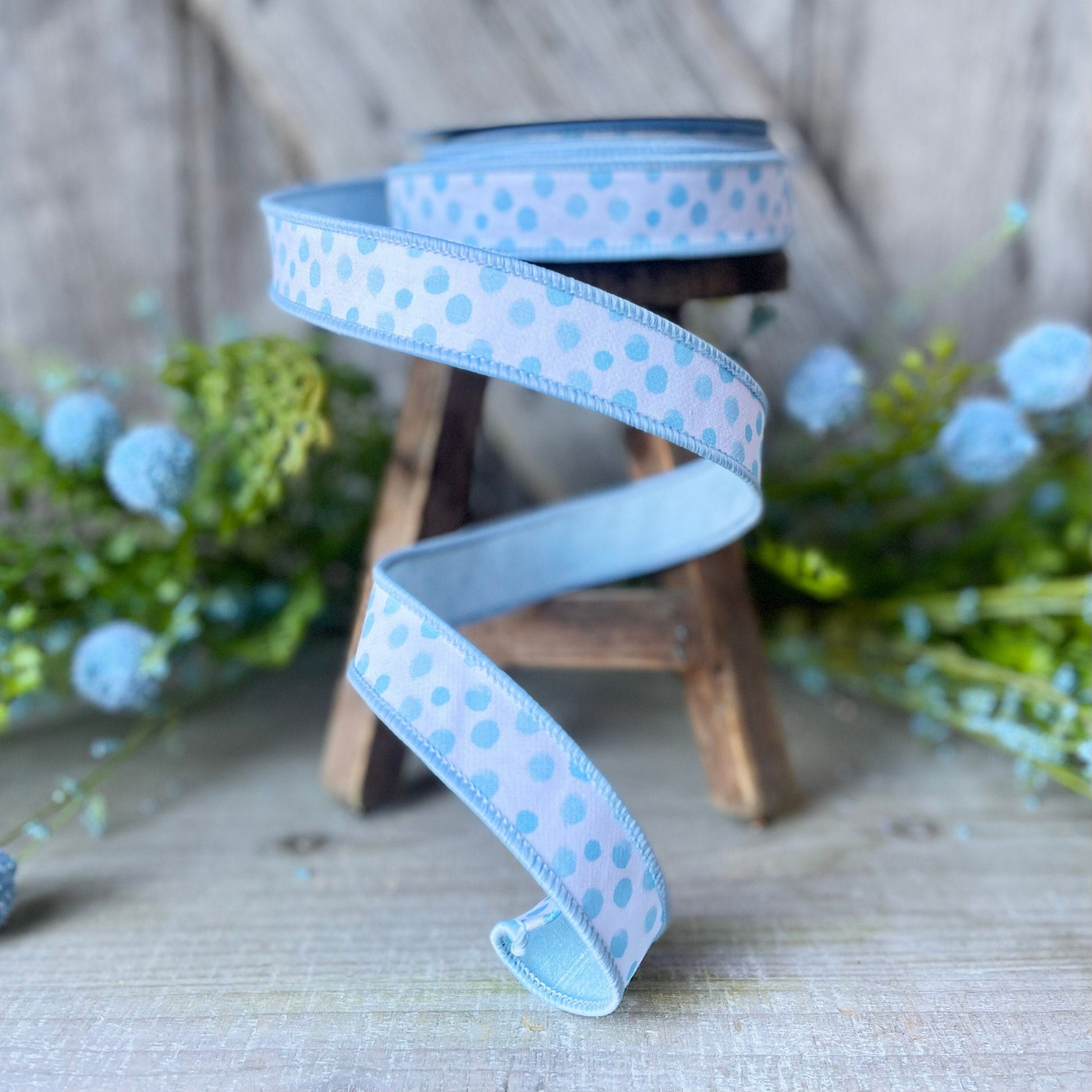 1&quot; Blue Impressionist Dots Wired Ribbon, Farrisilk Ribbon, Blue Polka Dot Ribbon, 1&quot; Ribbon, Narrow Ribbon, Spring Summer Ribbon, Wired