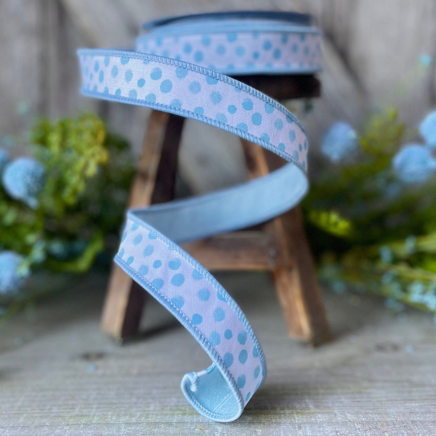 1&quot; Blue Impressionist Dots Wired Ribbon, Farrisilk Ribbon, Blue Polka Dot Ribbon, 1&quot; Ribbon, Narrow Ribbon, Spring Summer Ribbon, Wired
