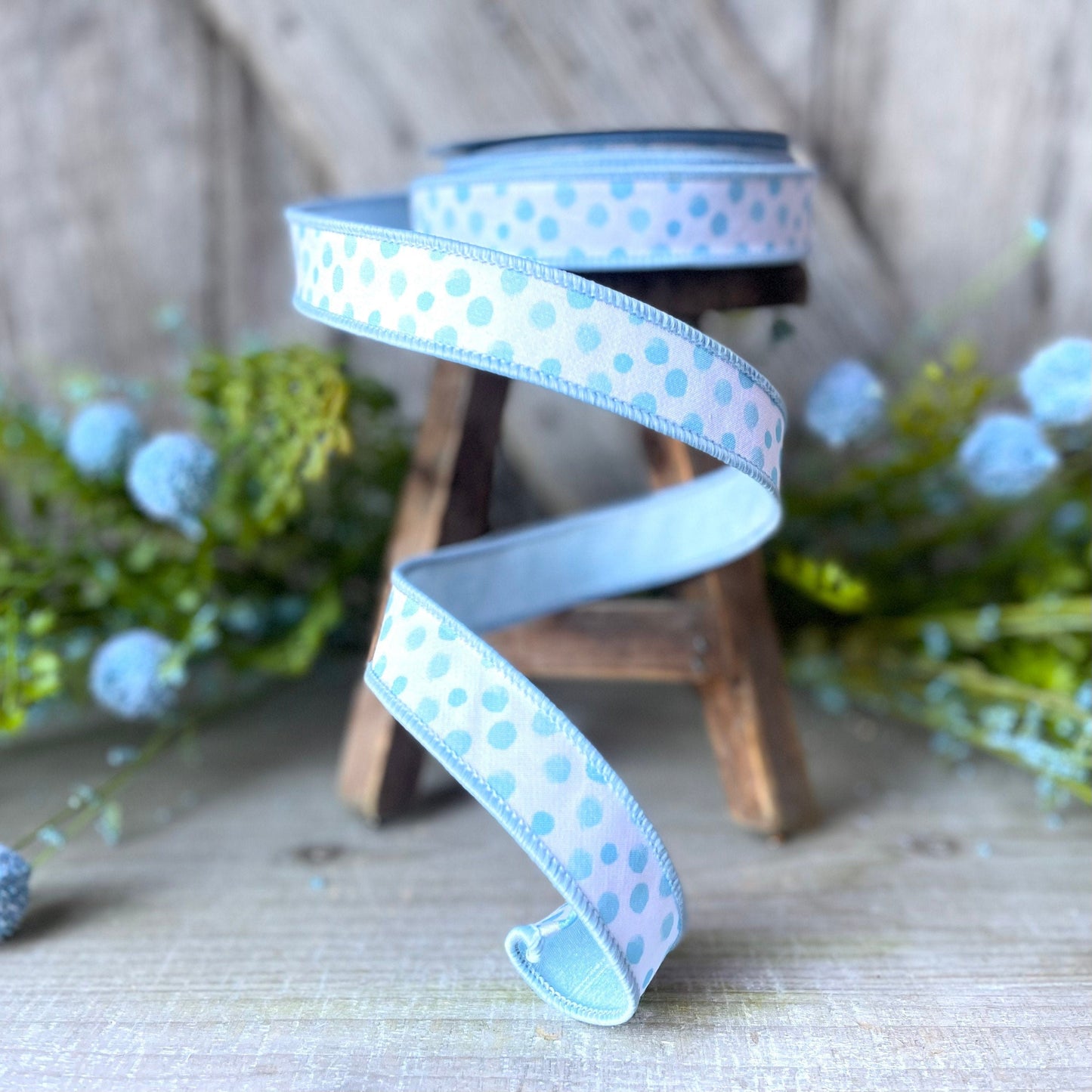 1&quot; Blue Impressionist Dots Wired Ribbon, Farrisilk Ribbon, Blue Polka Dot Ribbon, 1&quot; Ribbon, Narrow Ribbon, Spring Summer Ribbon, Wired