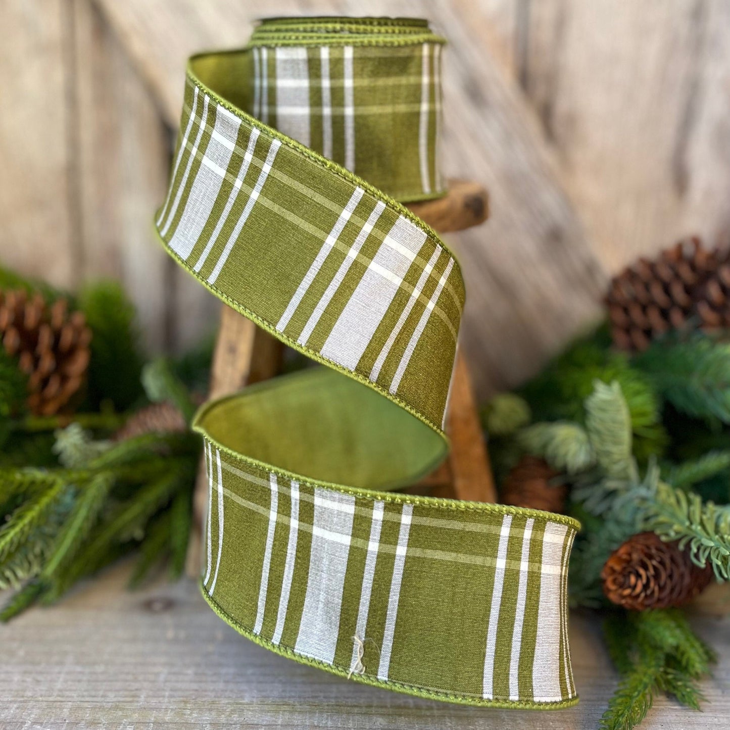 2.5&quot; Green Moss Christmas Plaid, Woodsy Christmas Ribbon, Christmas Plaid Ribbon, Moss and Gold Plaid, Wired Ribbon, Green Plaid Ribbon
