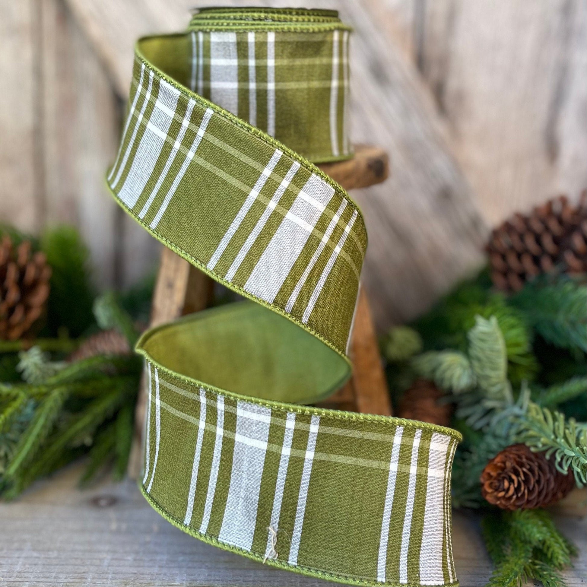 2.5&quot; Green Moss Christmas Plaid, Woodsy Christmas Ribbon, Christmas Plaid Ribbon, Moss and Gold Plaid, Wired Ribbon, Green Plaid Ribbon