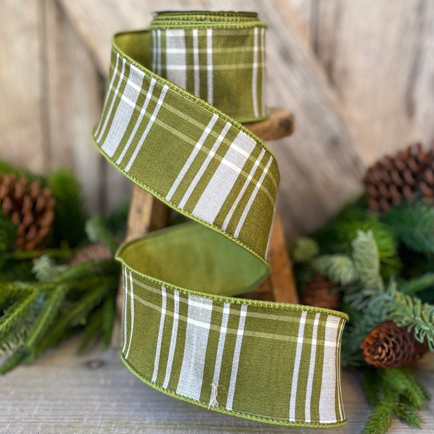 2.5&quot; Green Moss Christmas Plaid, Woodsy Christmas Ribbon, Christmas Plaid Ribbon, Moss and Gold Plaid, Wired Ribbon, Green Plaid Ribbon