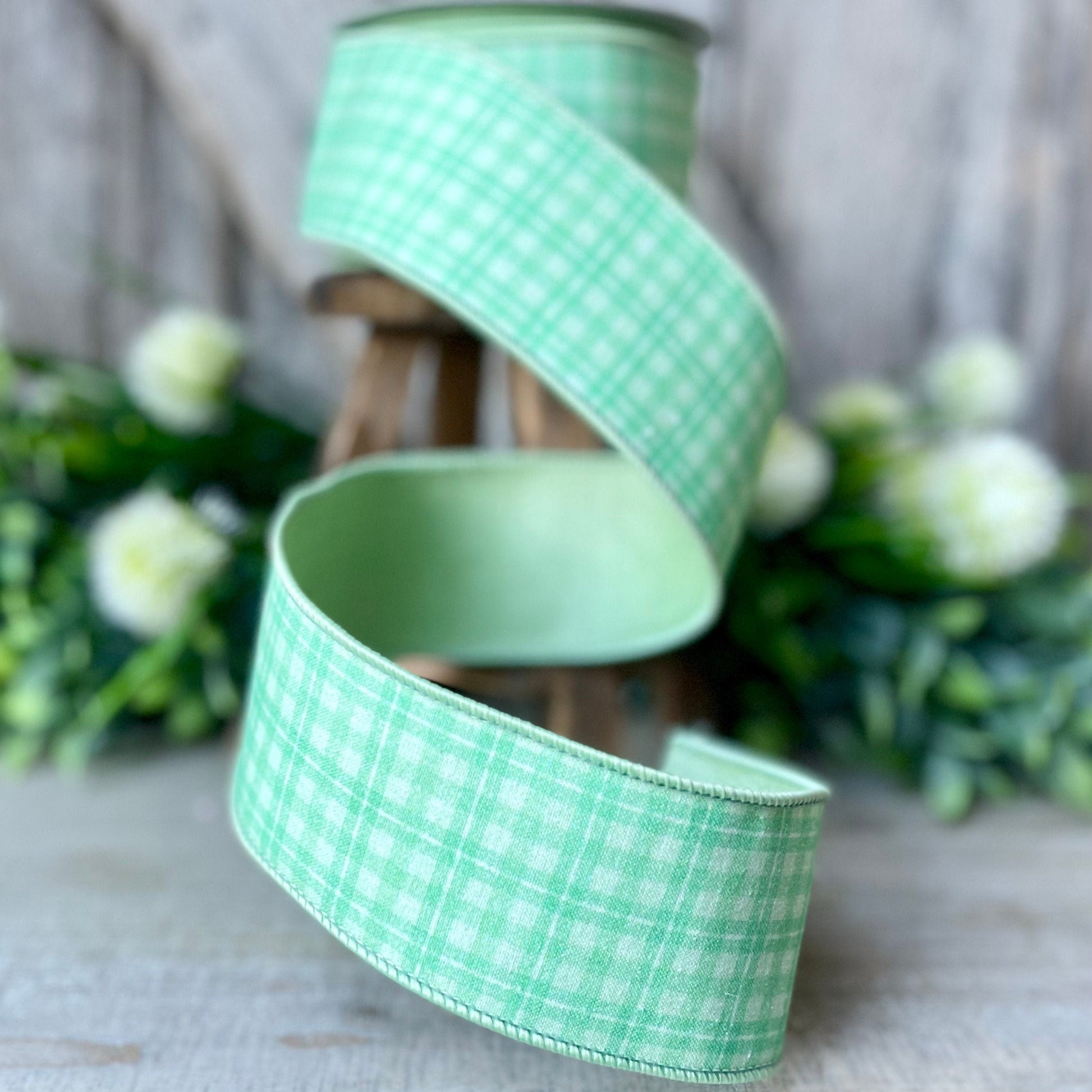 2.5&quot; Green Picnic Plaid by Farrisilk, Green wired Ribbon, Easter Ribbon, Summer Ribbon, Craft Supplies, Green Plaid Ribbon, spring ribbon
