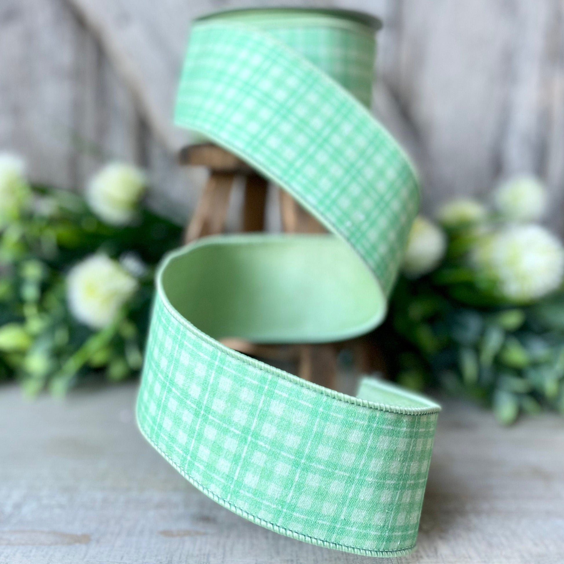 2.5&quot; Green Picnic Plaid by Farrisilk, Green wired Ribbon, Easter Ribbon, Summer Ribbon, Craft Supplies, Green Plaid Ribbon, spring ribbon