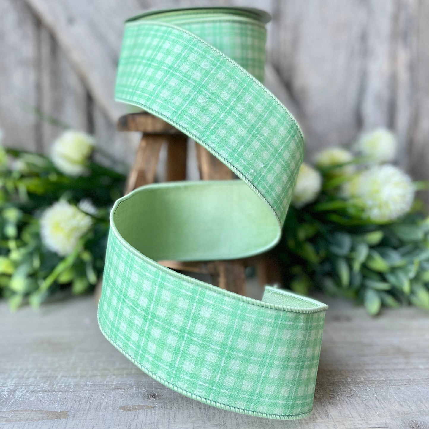 2.5&quot; Green Picnic Plaid by Farrisilk, Green wired Ribbon, Easter Ribbon, Summer Ribbon, Craft Supplies, Green Plaid Ribbon, spring ribbon
