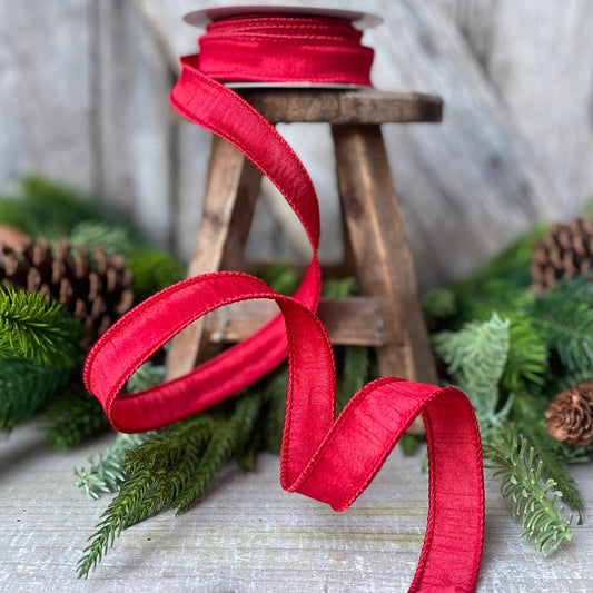 7/8&quot; Wired Ribbon, Red Ribbon, Dupioni Ribbon, Narrow Ribbon, Wreath Supply