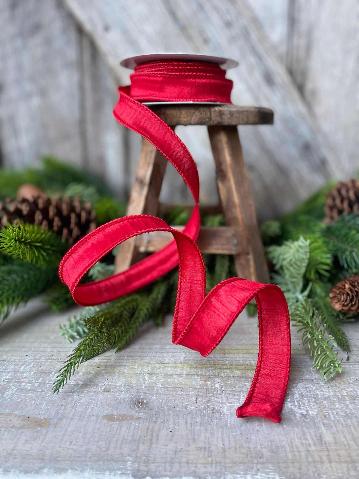 7/8&quot; Wired Ribbon, Red Ribbon, Dupioni Ribbon, Narrow Ribbon, Wreath Supply