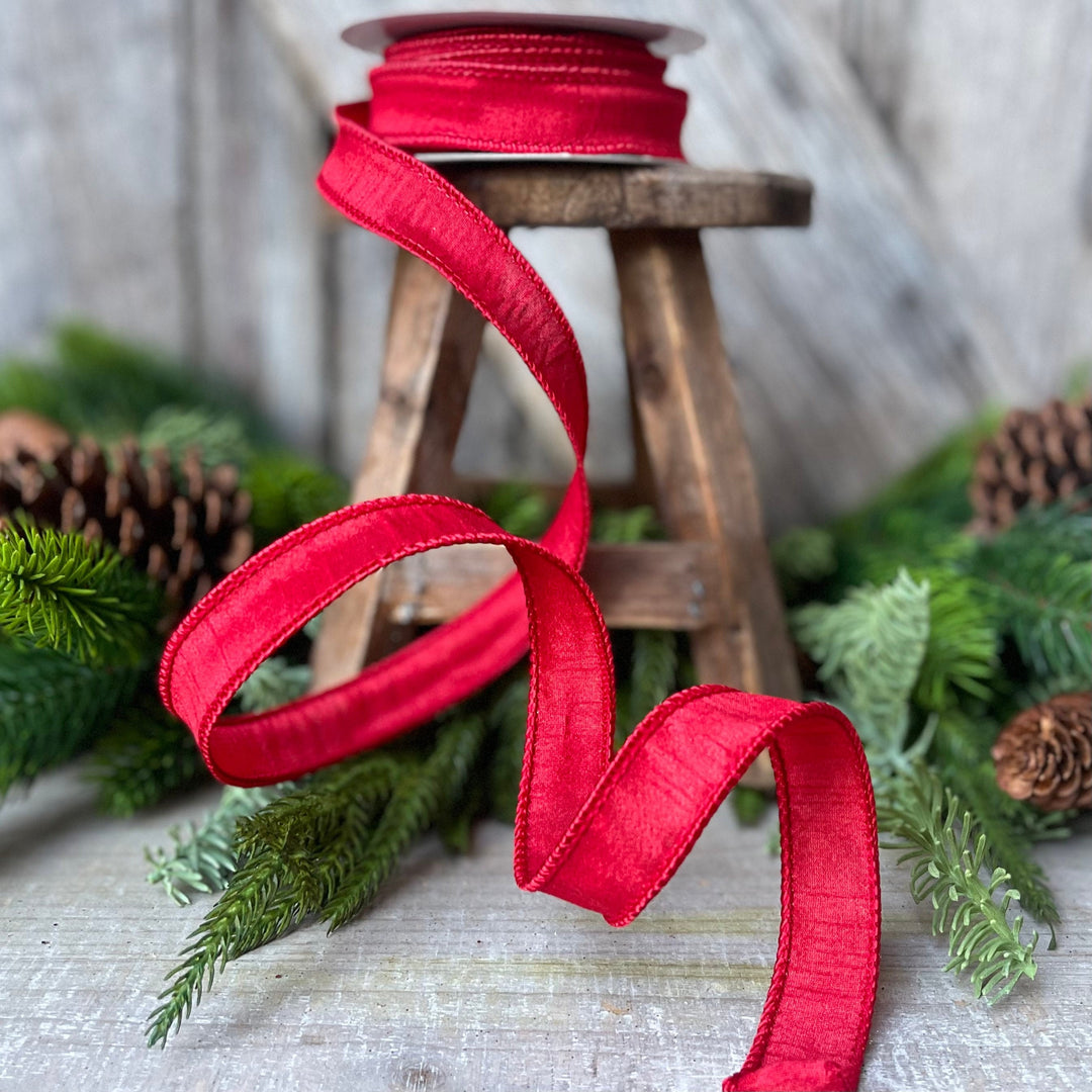 7/8&amp;quot; Wired Ribbon, Red Ribbon, Dupioni Ribbon, Narrow Ribbon, Wreath Supply