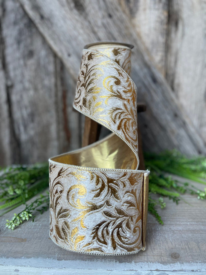 5 yards Florence Scroll ribbon, 4&amp;quot; Gold Ribbon, Gold Scroll, Tree Ribbon, Wired Ribbon, Wreath Supply, Christmas Ribbon, gold velvet