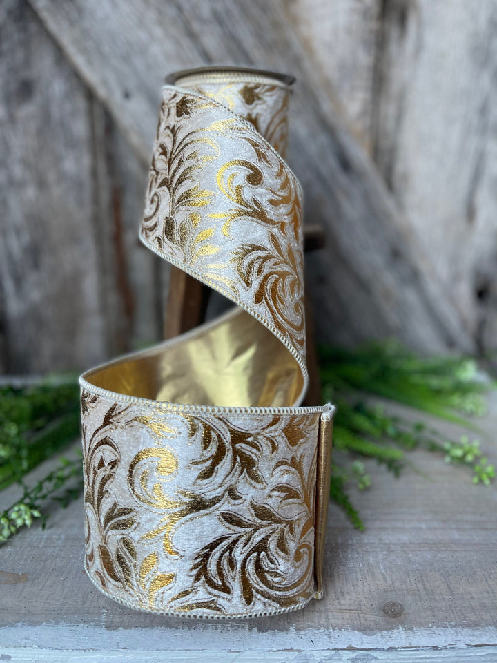 5 yards Florence Scroll ribbon, 4&amp;quot; Gold Ribbon, Gold Scroll, Tree Ribbon, Wired Ribbon, Wreath Supply, Christmas Ribbon, gold velvet