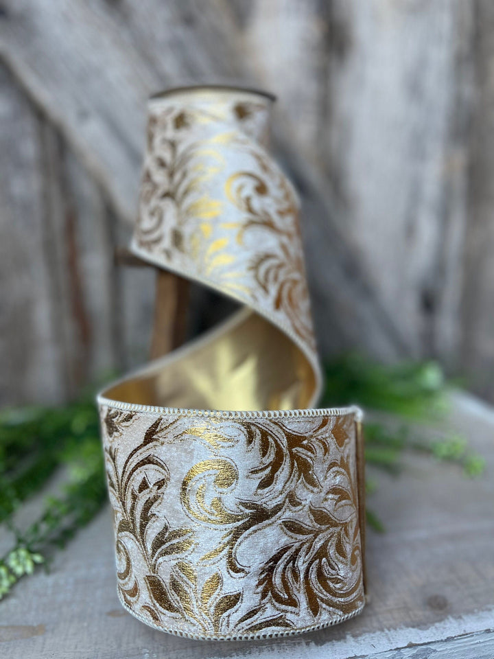 5 yards Florence Scroll ribbon, 4&amp;quot; Gold Ribbon, Gold Scroll, Tree Ribbon, Wired Ribbon, Wreath Supply, Christmas Ribbon, gold velvet