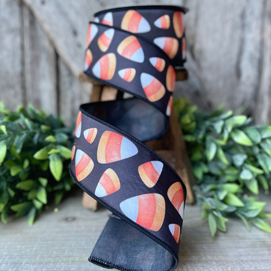 2.5&amp;quot; Candy Corn Wired Ribbon by Farrisilk, Halloween Ribbon, Candy Corn Decor, Wired Ribbon, Halloween Wreath Ribbon, Candy Corn Crafts