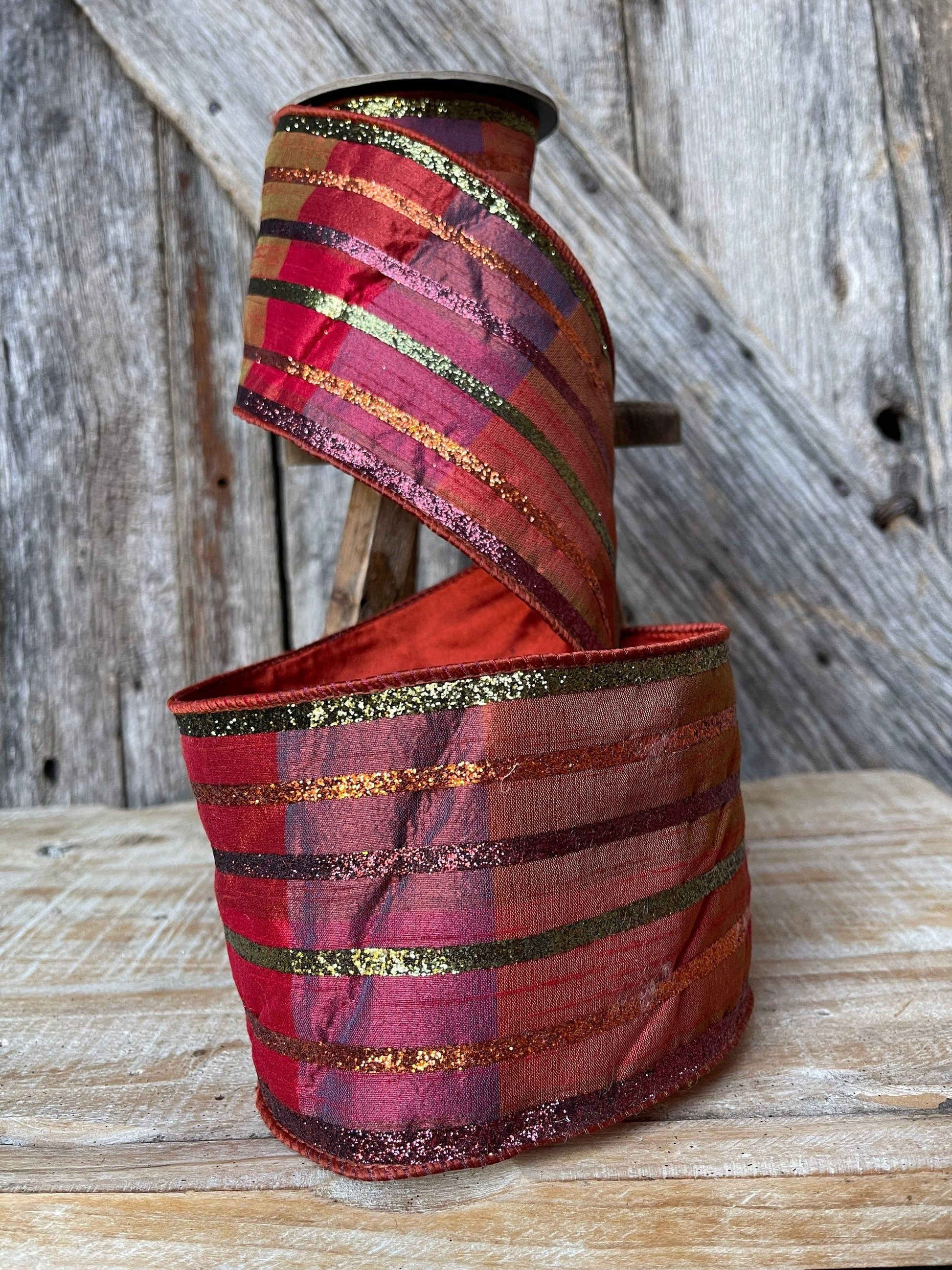 5 yards, glitter stripe ribbon, Fall plaid ribbon, glitter, ribbon, wired ribbon,  ribbon, 4 inch ribbon, d Stevens ribbon