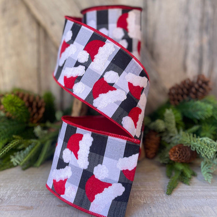 4&amp;quot; Santa Hats on Checks, Christmas Tree Ribbon, Black and White Checks, Farrisilk Ribbon, Wired RIbbon, Christmas Tree Ribbon, Santa Decor