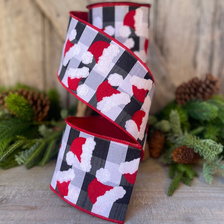 4&amp;quot; Santa Hats on Checks, Christmas Tree Ribbon, Black and White Checks, Farrisilk Ribbon, Wired RIbbon, Christmas Tree Ribbon, Santa Decor