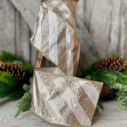 4&quot; Platinum Diagonal Stripe Ribbon,  Champagne Gold 4 inch ribbon, christmas ribbon, luxury ribbon, Farrisilk ribbon, Christmas Tree Ribbon