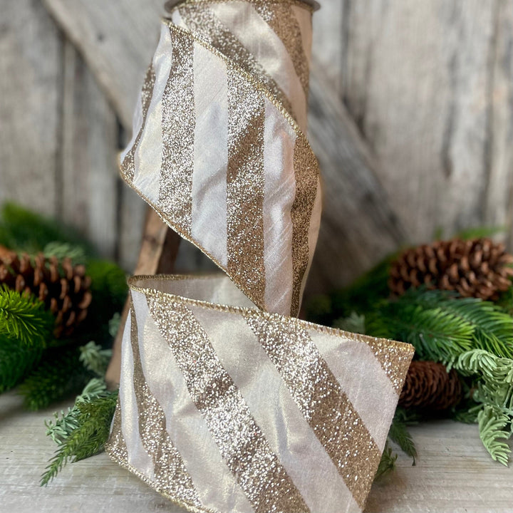 4&amp;quot; Platinum Diagonal Stripe Ribbon,  Champagne Gold 4 inch ribbon, christmas ribbon, luxury ribbon, Farrisilk ribbon, Christmas Tree Ribbon