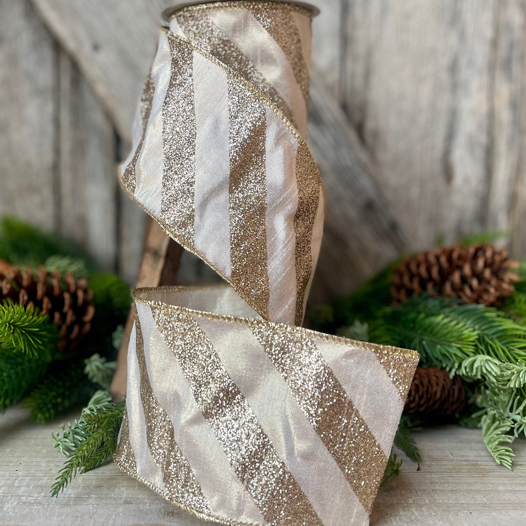 4&amp;quot; Platinum Diagonal Stripe Ribbon,  Champagne Gold 4 inch ribbon, christmas ribbon, luxury ribbon, Farrisilk ribbon, Christmas Tree Ribbon