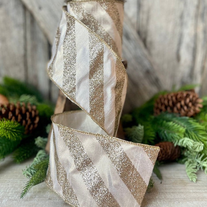 4&amp;quot; Platinum Diagonal Stripe Ribbon,  Champagne Gold 4 inch ribbon, christmas ribbon, luxury ribbon, Farrisilk ribbon, Christmas Tree Ribbon