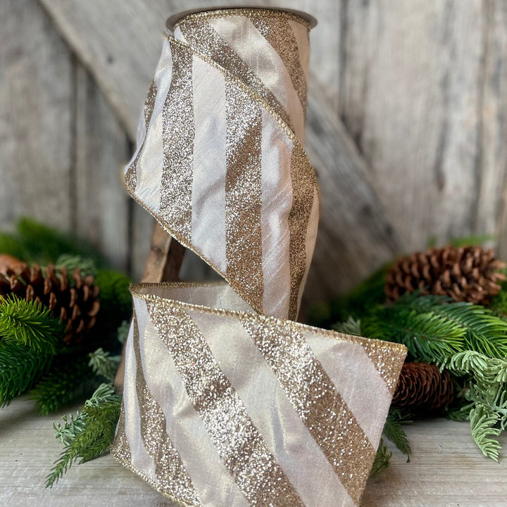 4&amp;quot; Platinum Diagonal Stripe Ribbon,  Champagne Gold 4 inch ribbon, christmas ribbon, luxury ribbon, Farrisilk ribbon, Christmas Tree Ribbon