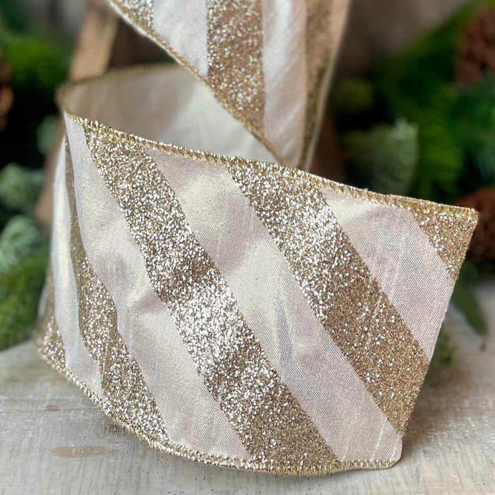 4&amp;quot; Platinum Diagonal Stripe Ribbon,  Champagne Gold 4 inch ribbon, christmas ribbon, luxury ribbon, Farrisilk ribbon, Christmas Tree Ribbon