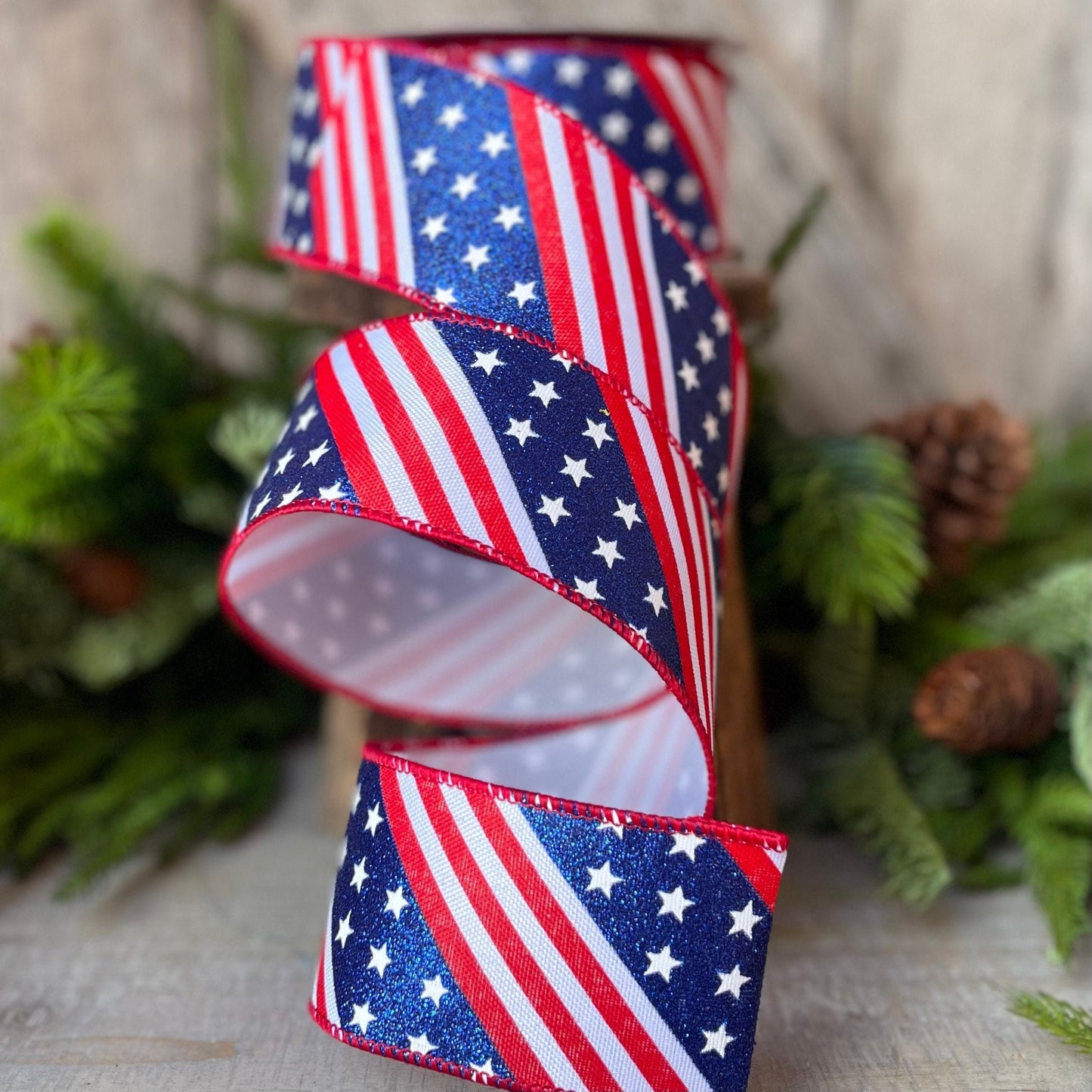 2.5&quot; Stars and Stripes Patriotic Ribbon by Farrisilk, Patriotic Wired Ribbon, American Ribbon, 4th of July ribbon, Americana Decor