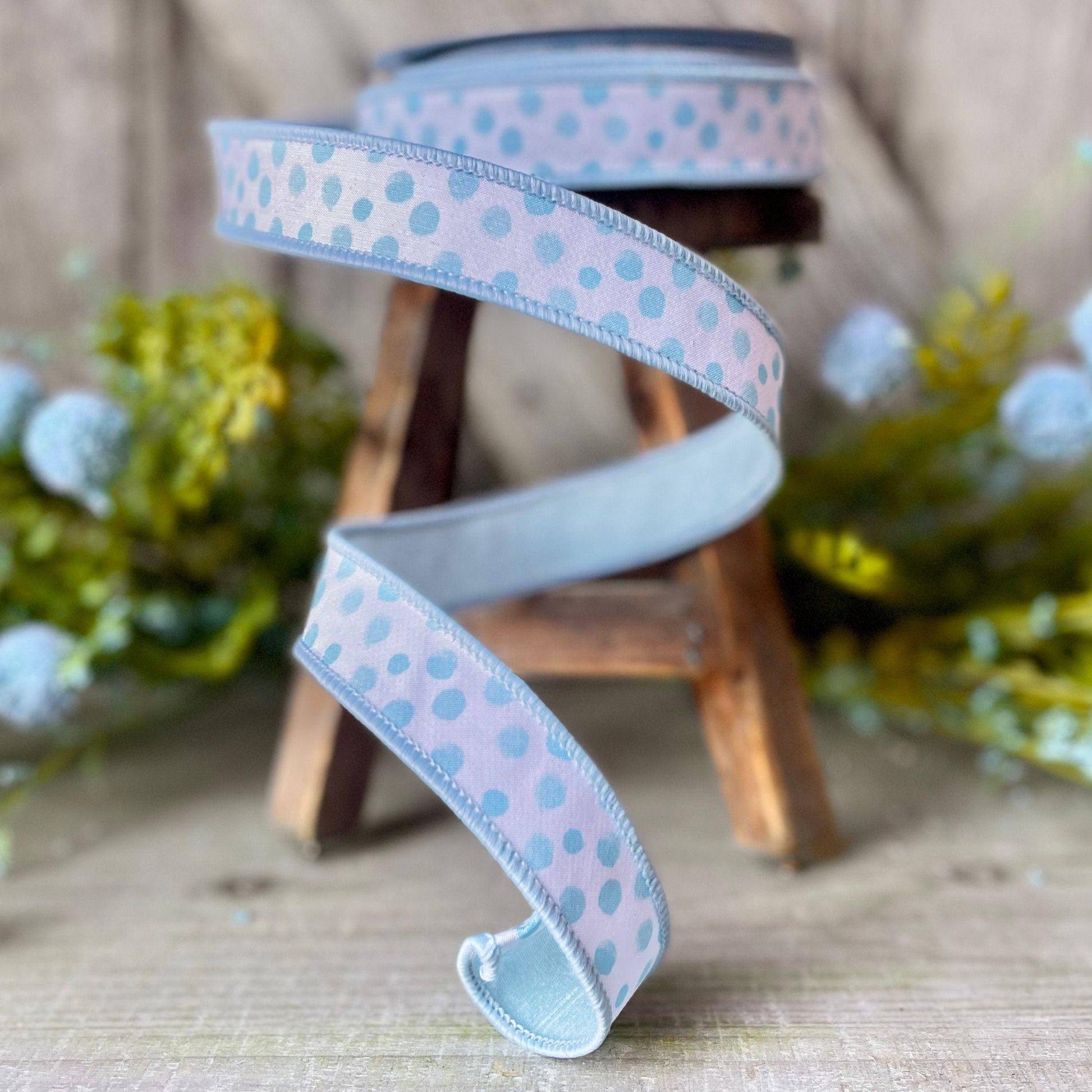1&quot; Blue Impressionist Dots Wired Ribbon, Farrisilk Ribbon, Blue Polka Dot Ribbon, 1&quot; Ribbon, Narrow Ribbon, Spring Summer Ribbon, Wired