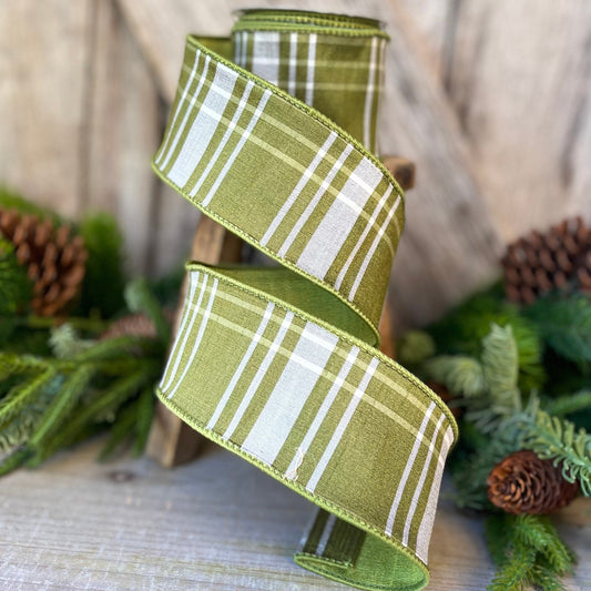 2.5&quot; Green Moss Christmas Plaid, Woodsy Christmas Ribbon, Christmas Plaid Ribbon, Moss and Gold Plaid, Wired Ribbon, Green Plaid Ribbon