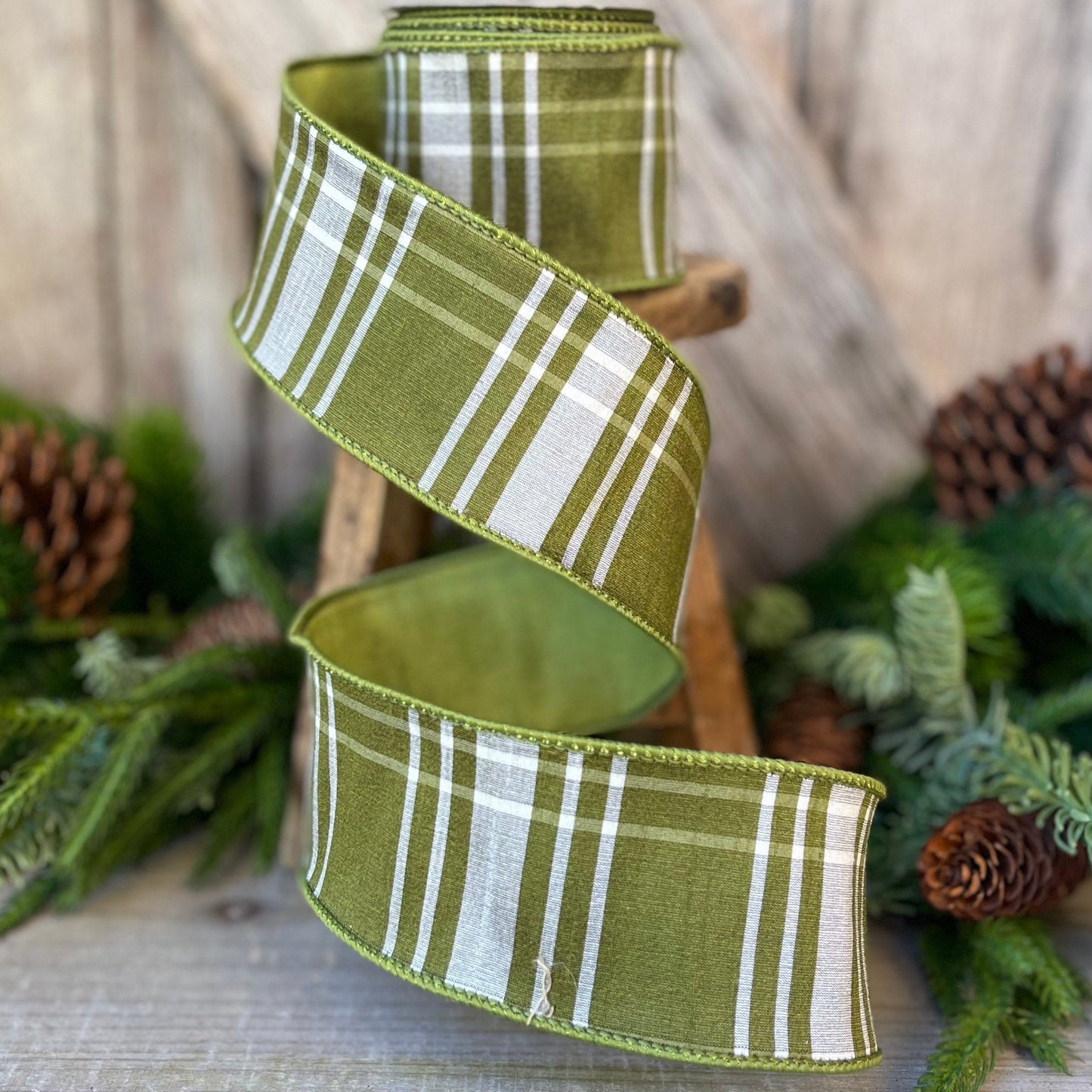 2.5&quot; Green Moss Christmas Plaid, Woodsy Christmas Ribbon, Christmas Plaid Ribbon, Moss and Gold Plaid, Wired Ribbon, Green Plaid Ribbon