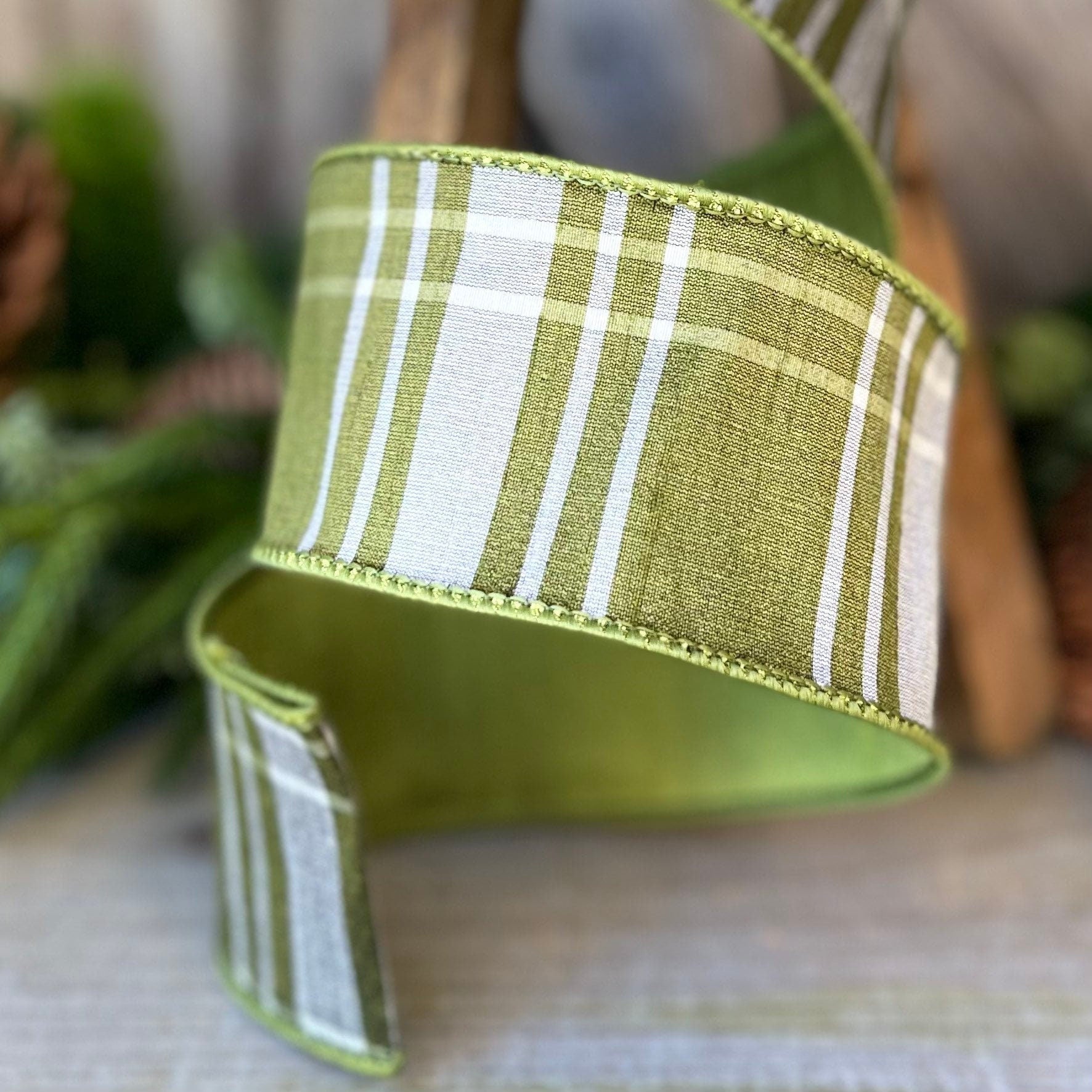 2.5&quot; Green Moss Christmas Plaid, Woodsy Christmas Ribbon, Christmas Plaid Ribbon, Moss and Gold Plaid, Wired Ribbon, Green Plaid Ribbon