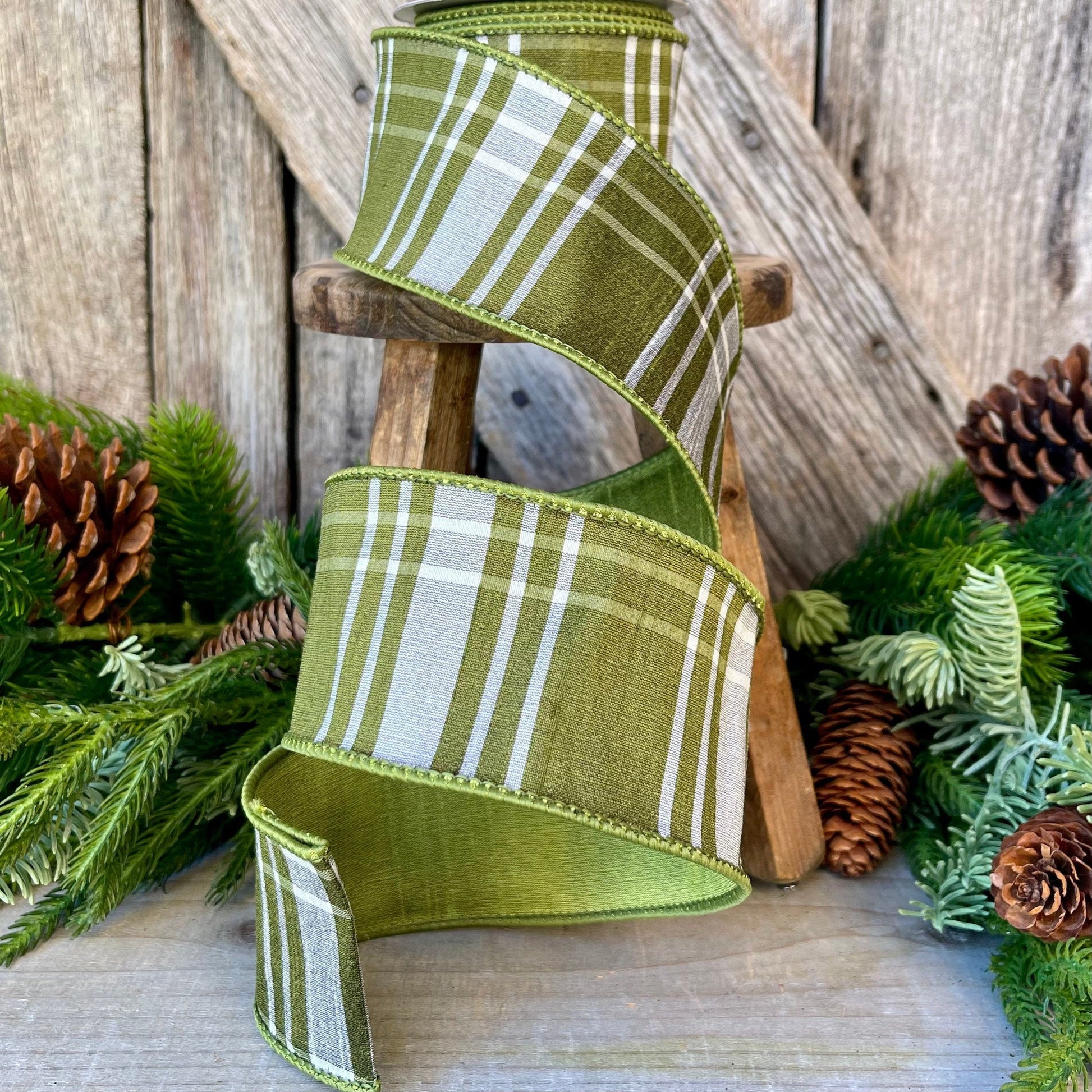 2.5&quot; Green Moss Christmas Plaid, Woodsy Christmas Ribbon, Christmas Plaid Ribbon, Moss and Gold Plaid, Wired Ribbon, Green Plaid Ribbon