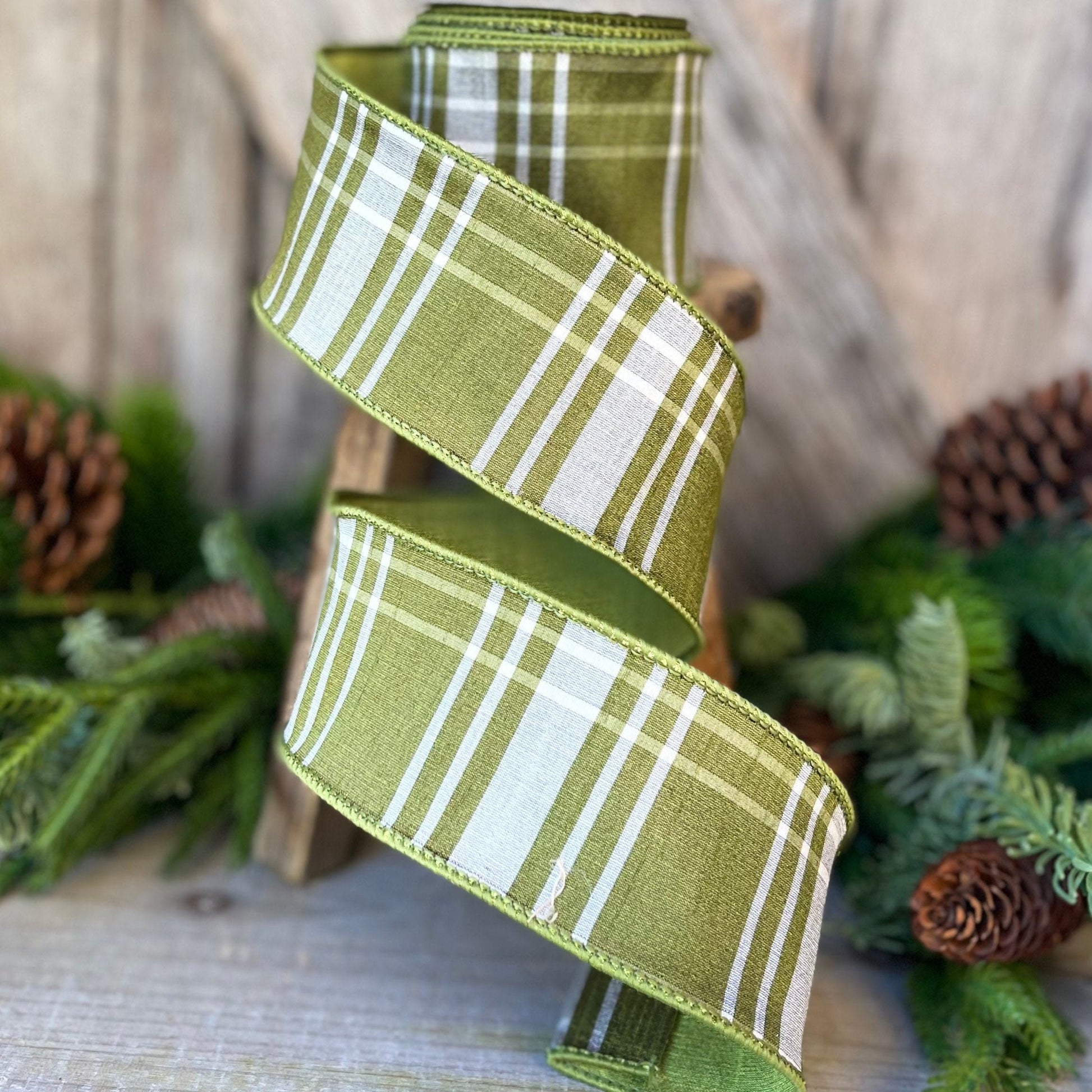 2.5&quot; Green Moss Christmas Plaid, Woodsy Christmas Ribbon, Christmas Plaid Ribbon, Moss and Gold Plaid, Wired Ribbon, Green Plaid Ribbon