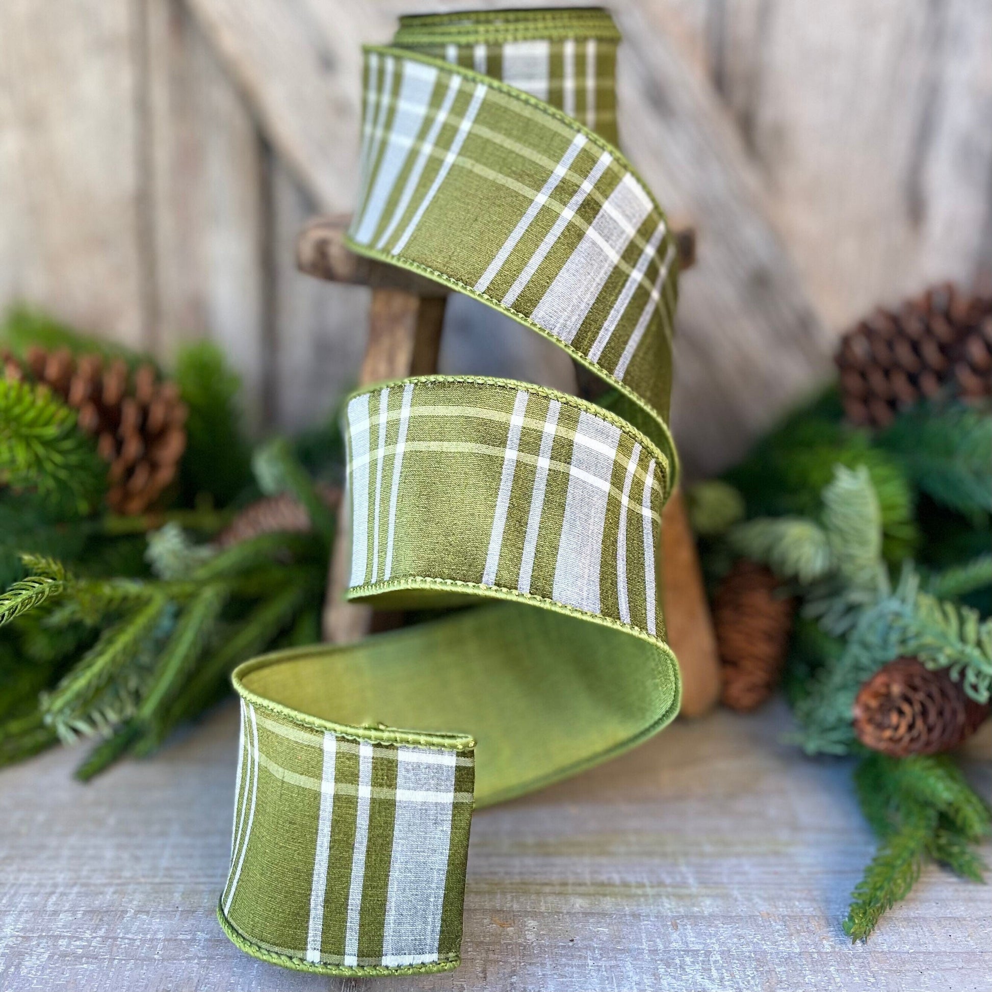 2.5&quot; Green Moss Christmas Plaid, Woodsy Christmas Ribbon, Christmas Plaid Ribbon, Moss and Gold Plaid, Wired Ribbon, Green Plaid Ribbon