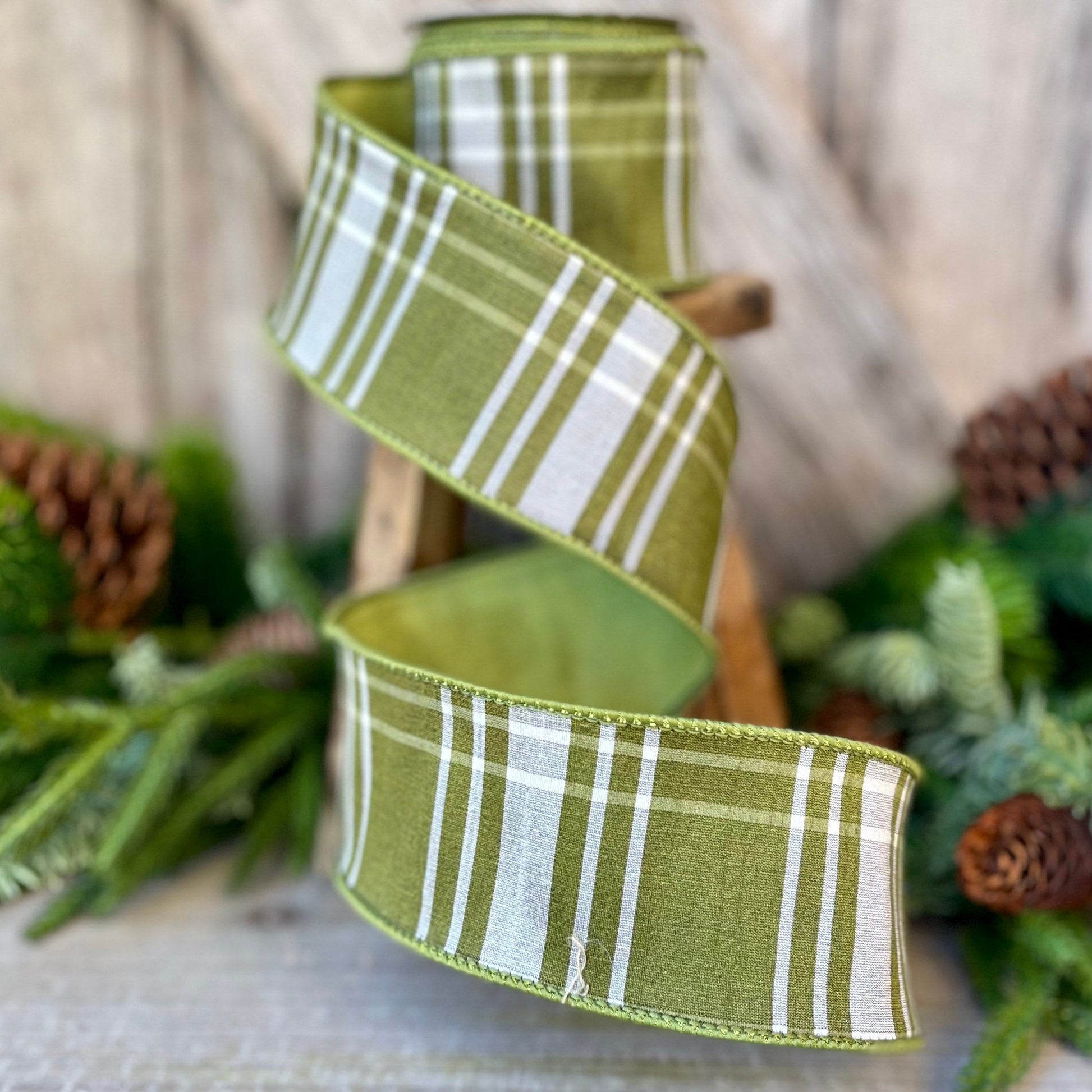 2.5&quot; Green Moss Christmas Plaid, Woodsy Christmas Ribbon, Christmas Plaid Ribbon, Moss and Gold Plaid, Wired Ribbon, Green Plaid Ribbon