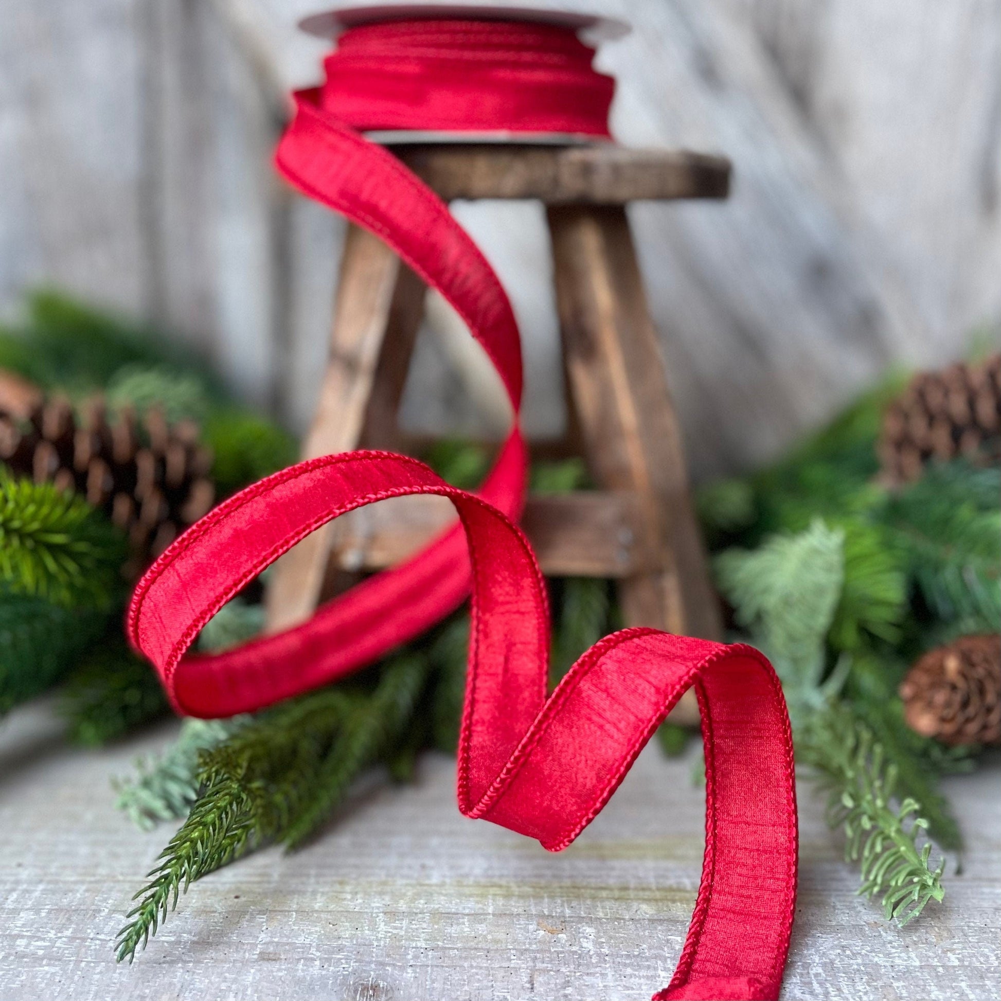 7/8&quot; Wired Ribbon, Red Ribbon, Dupioni Ribbon, Narrow Ribbon, Wreath Supply
