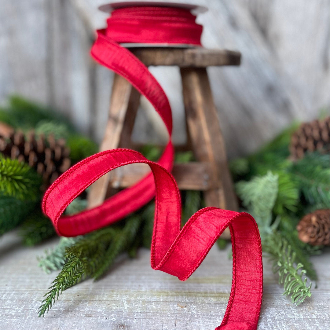 7/8&amp;quot; Wired Ribbon, Red Ribbon, Dupioni Ribbon, Narrow Ribbon, Wreath Supply