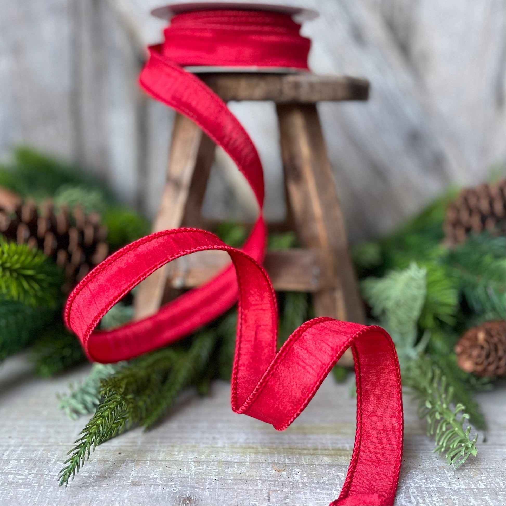 7/8&quot; Wired Ribbon, Red Ribbon, Dupioni Ribbon, Narrow Ribbon, Wreath Supply