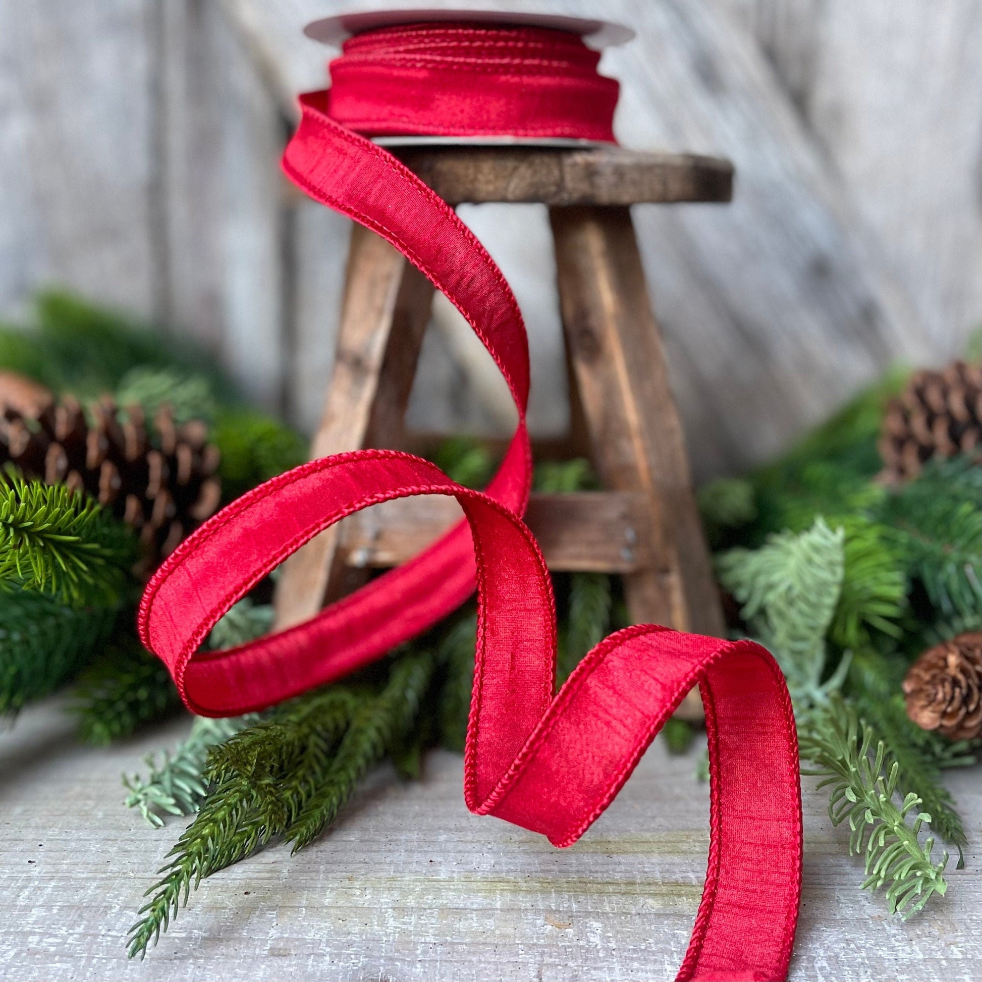 7/8&quot; Wired Ribbon, Red Ribbon, Dupioni Ribbon, Narrow Ribbon, Wreath Supply